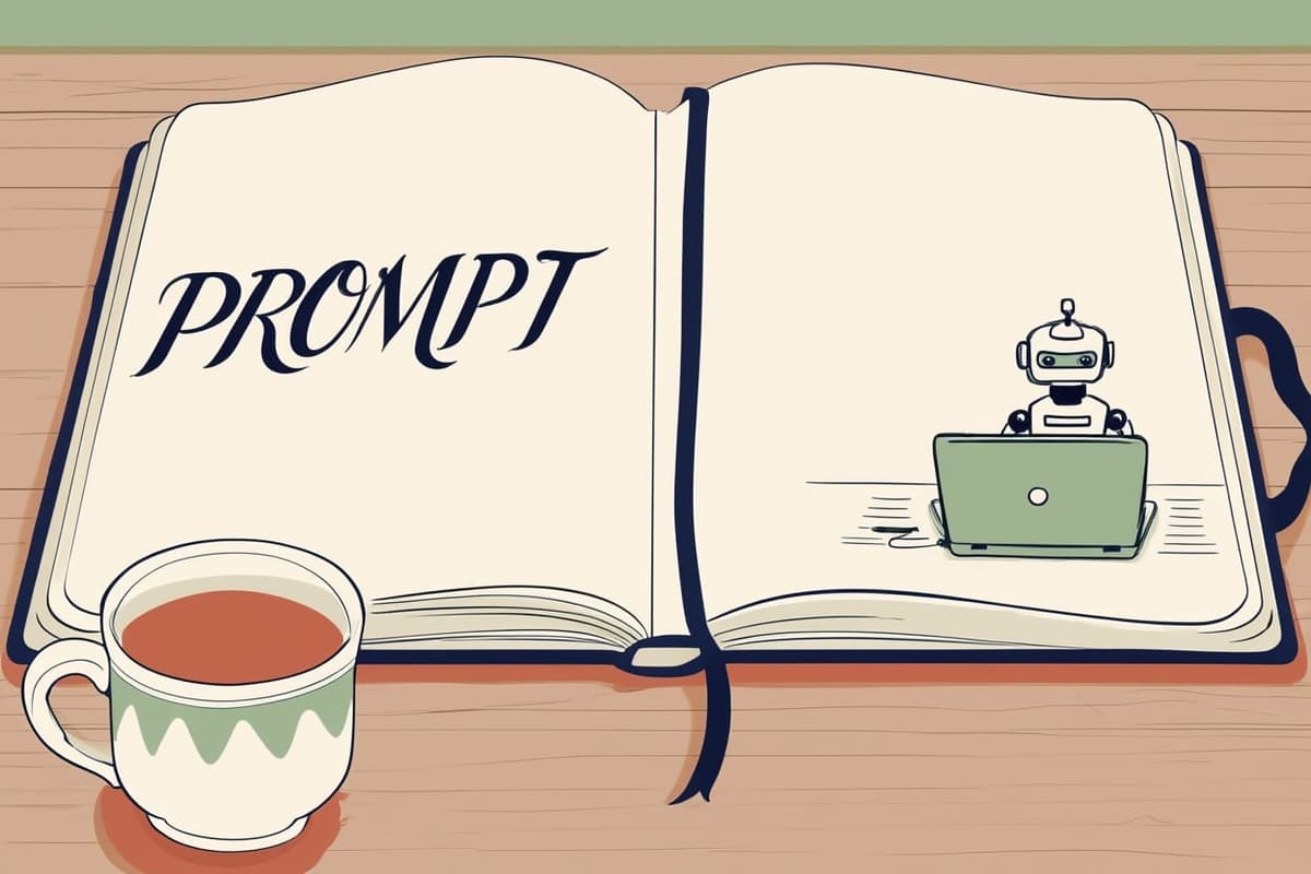 Otevřený zápisník s ručně psaným kaligrafickým slovem PROMPT a malou robot-asistentkou u notebooku, vedle hrnek bylinkového čaje. Akvarelová ilustrace ke slovníčku AI pojmů 2026 — BabičkaHackuje, Marcela Kramářová, atelier Rousínov-Čechyně.