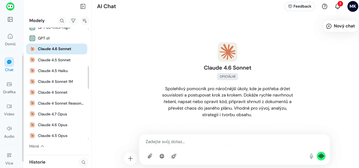 Reálný screenshot AI Chat v Everbotu s otevřeným seznamem Claude modelů od Anthropicu — Claude 4.6 Sonnet, 4.5 Sonnet, 4.5 Haiku, 4 Sonnet 1M, 4 Sonnet Reason, 4.7 Opus, 4.6 Opus, 4.5 Opus. BabičkaHackuje, Marcela Kramářová, květen 2026.