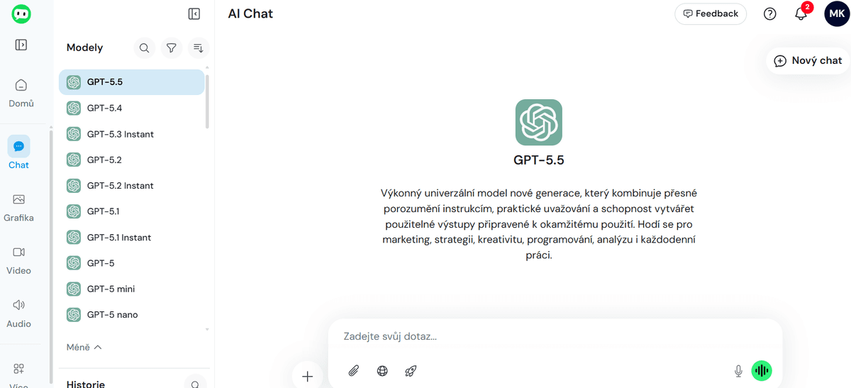 Reálný screenshot AI Chat v Everbotu s otevřeným seznamem GPT modelů od OpenAI — GPT-5.5, GPT-5.4, GPT-5.3 Instant, GPT-5.2, GPT-5.1 Instant, GPT-5, GPT-5 mini, GPT-5 nano. Vlevo navigace Domů / Chat / Grafika / Video / Audio. Účet Marcely Kramářové, BabičkaHackuje. Květen 2026.