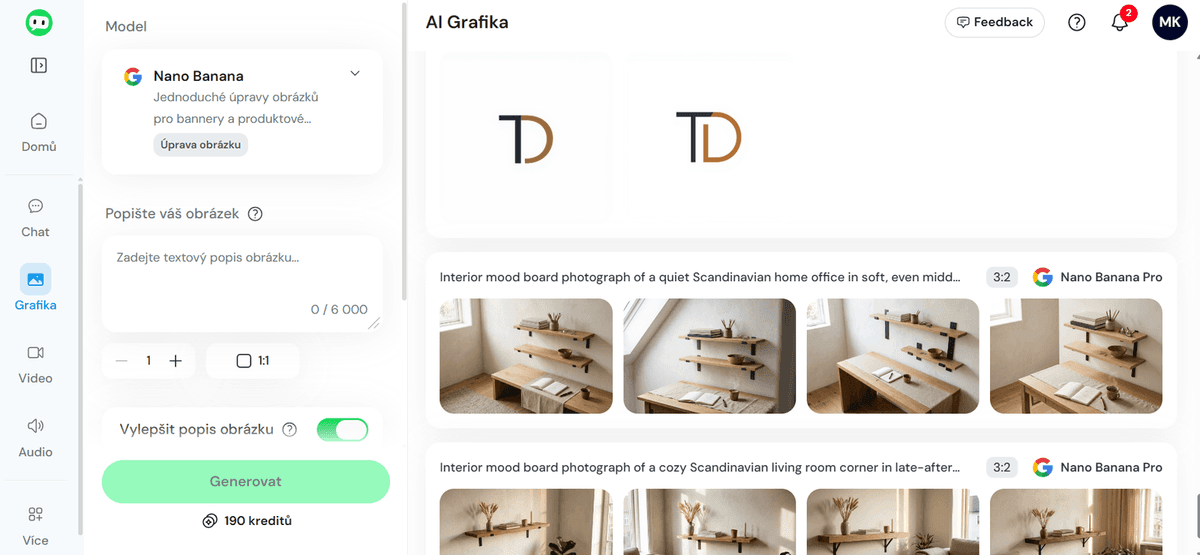 Reálný screenshot AI Grafika v Everbotu, model Nano Banana Pro — Marcela Kramářová generuje logo TD pro značku Tomarc design (kov a dřevo). Vlevo prompt panel s českým popisem, vpravo galerie generovaných interior mood photographs pro Tomarc. Cena 190 kreditů. Květen 2026, BabičkaHackuje case study Klára a Tom.