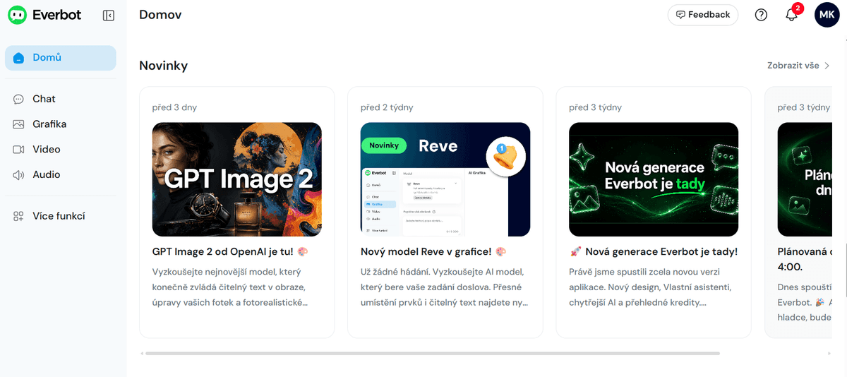 Reálný screenshot Novinky panelu v Everbotu — karty s nejnovějšími AI modely: GPT Image 2 od OpenAI, nový model Reve v grafice, nová generace Everbot, plánovaná údržba. Marcela Kramářová sleduje aktualizace AI nástrojů 2026, BabičkaHackuje.