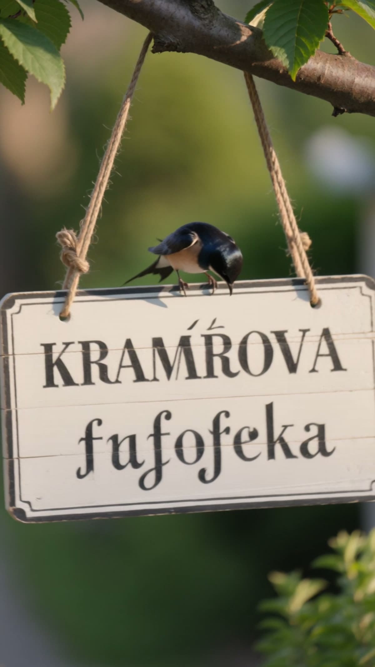 Cedule s nesmyslným nápisem KRAMŔOVA fufofeka a vlaštovkou, která se na něj dívá