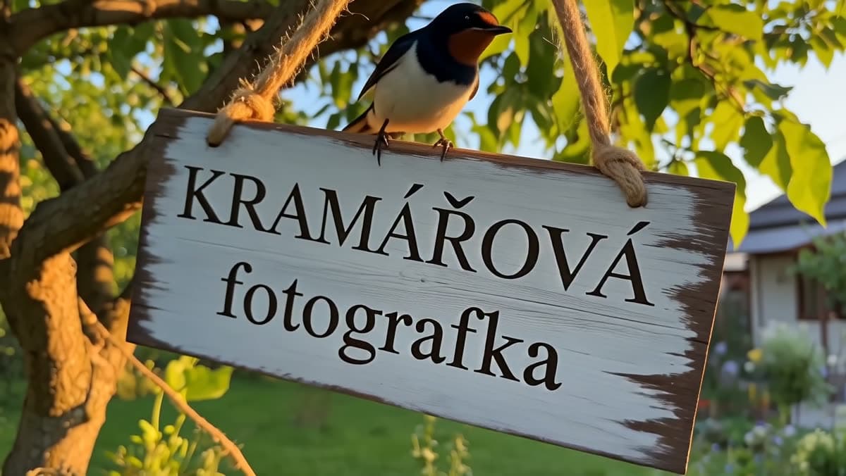 Bílá cedule s nápisem KRAMÁŘOVÁ fotografka a vlaštovkou, natočeno na šířku