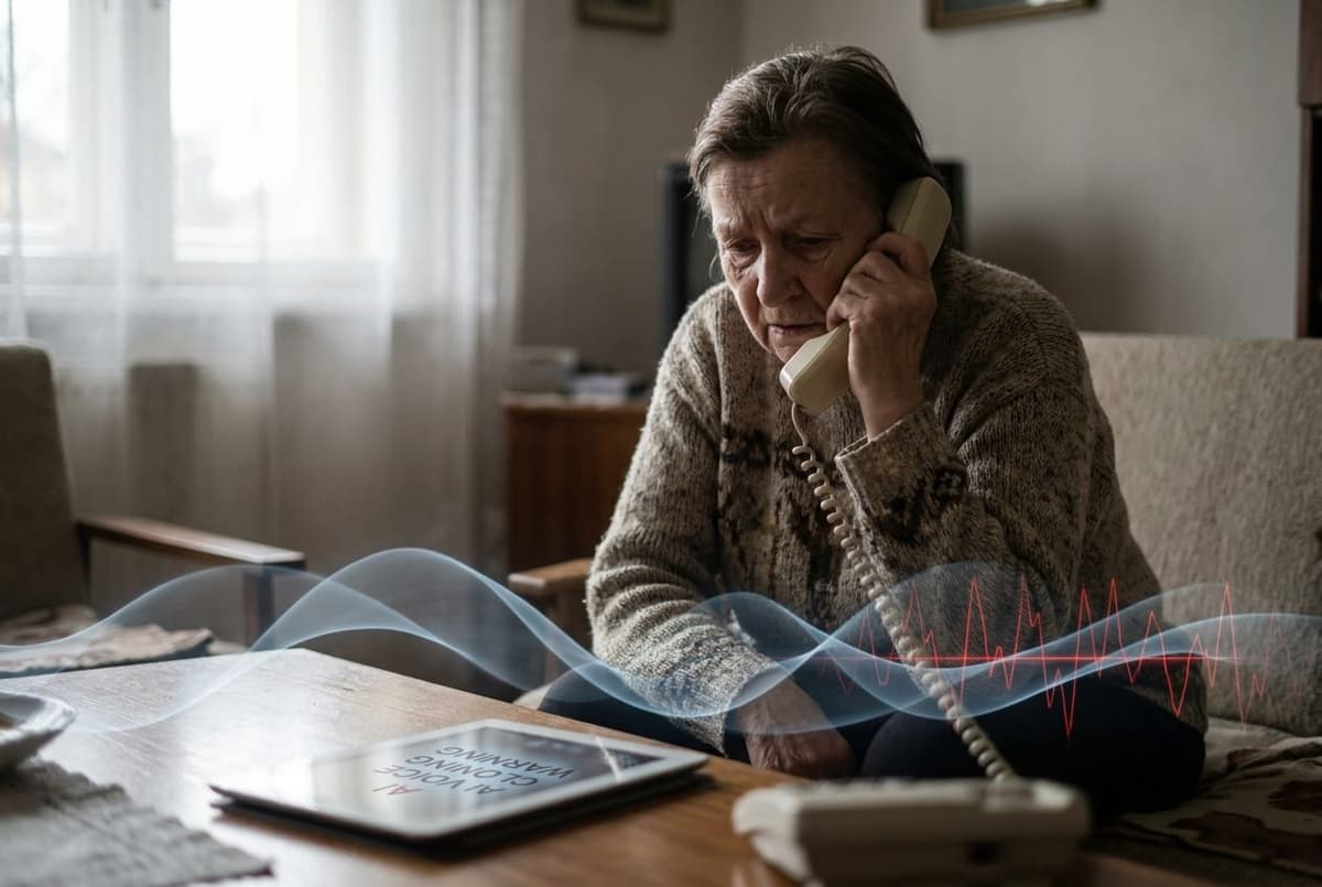 Babička drží sluchátko telefonu — AI klonování hlasu vnučky útočníkem, ilustrace 2026