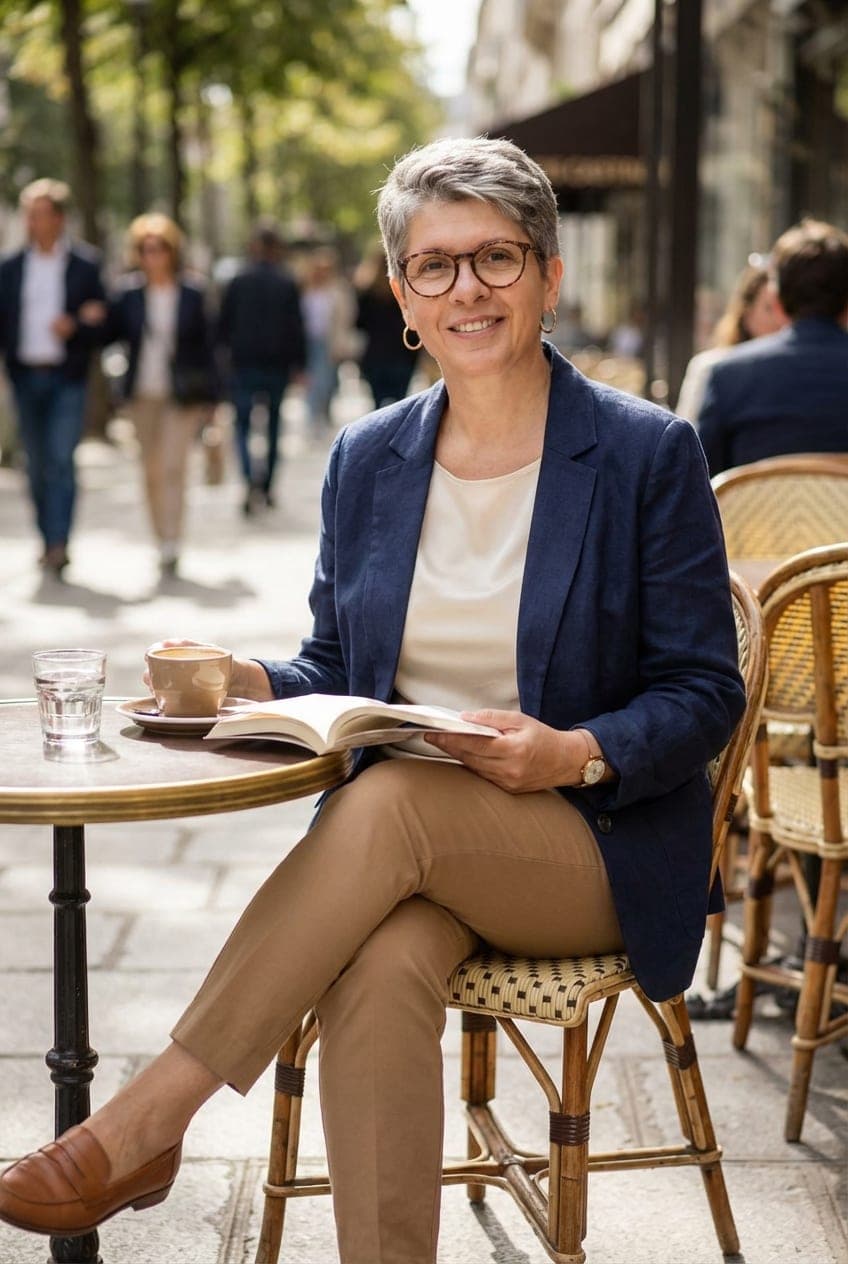 Marcela Kramářová sedí v kavárně s otevřenou knihou a kávou — fotografka 25+ let praxe a AI lektorka, která sama prošla cestu od první otázky po vlastní web vibe codingem