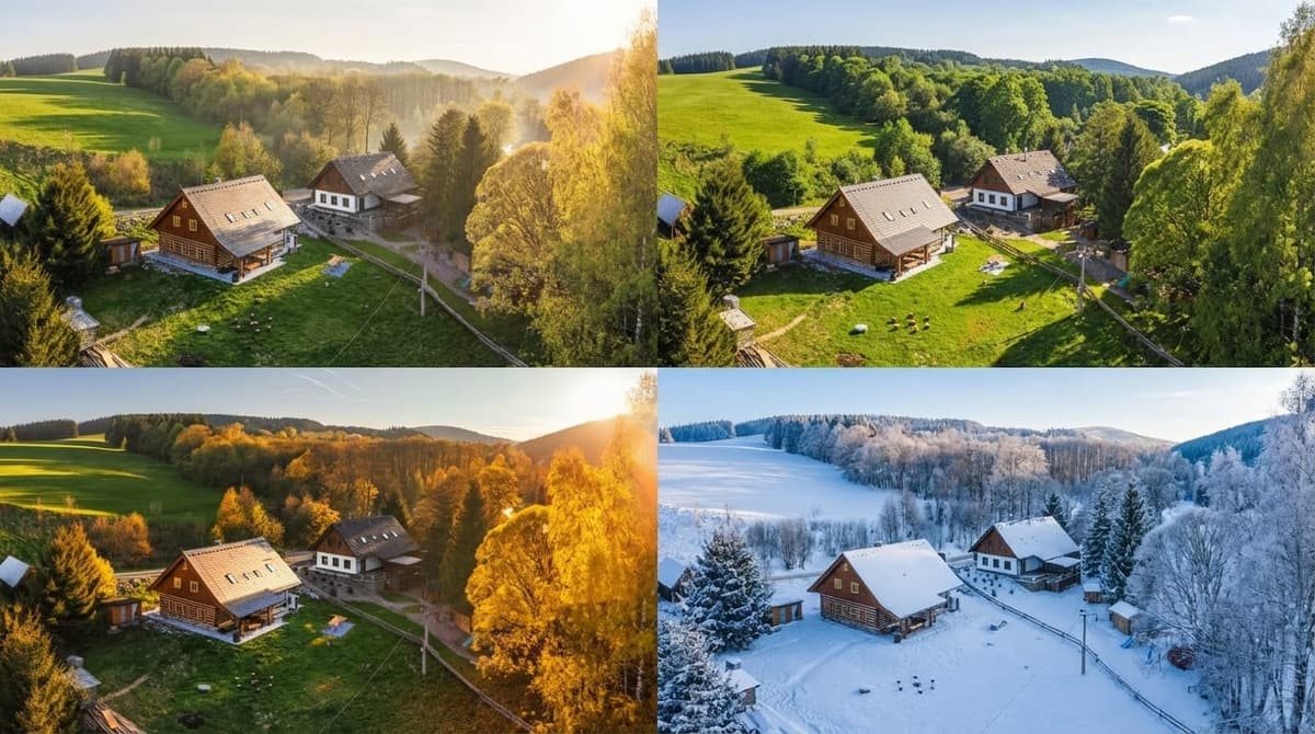 Roubenka Vanedi v Olešnici v Orlických horách — letecké AI fotky ve čtyřech ročních obdobích (jaro, léto, podzim, zima) ukazují, jak AI marketing fotky prodávají atmosféru ubytování celoročně