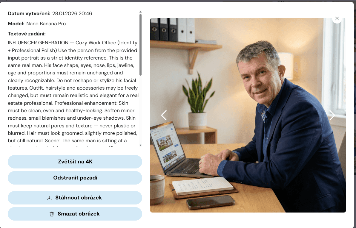 Screenshot Everbot Nano Banana Pro — generování business scény s mužem v moderní pohodlné kanceláři, přirozené světlo, prvky industriálního dekoru, neutrální tóny, ukázka AI promptu pro LinkedIn business portrét se scénou influencer generation