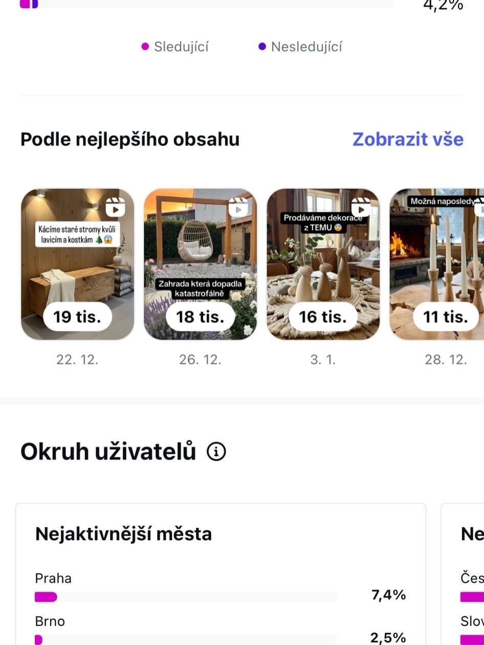 Screenshot Instagram analytics Holzmood — top videa Reels podle obsahu: kácíme staré stromy 19 tisíc zobrazení, zahrada 18 tisíc, prodáváme dekorace TEMU 16 tisíc, naposledy s krbem 11 tisíc, datumy 22.12, 26.12, 3.1, 28.12 — Praha 7,4% Brno 2,5% nejaktivnější města