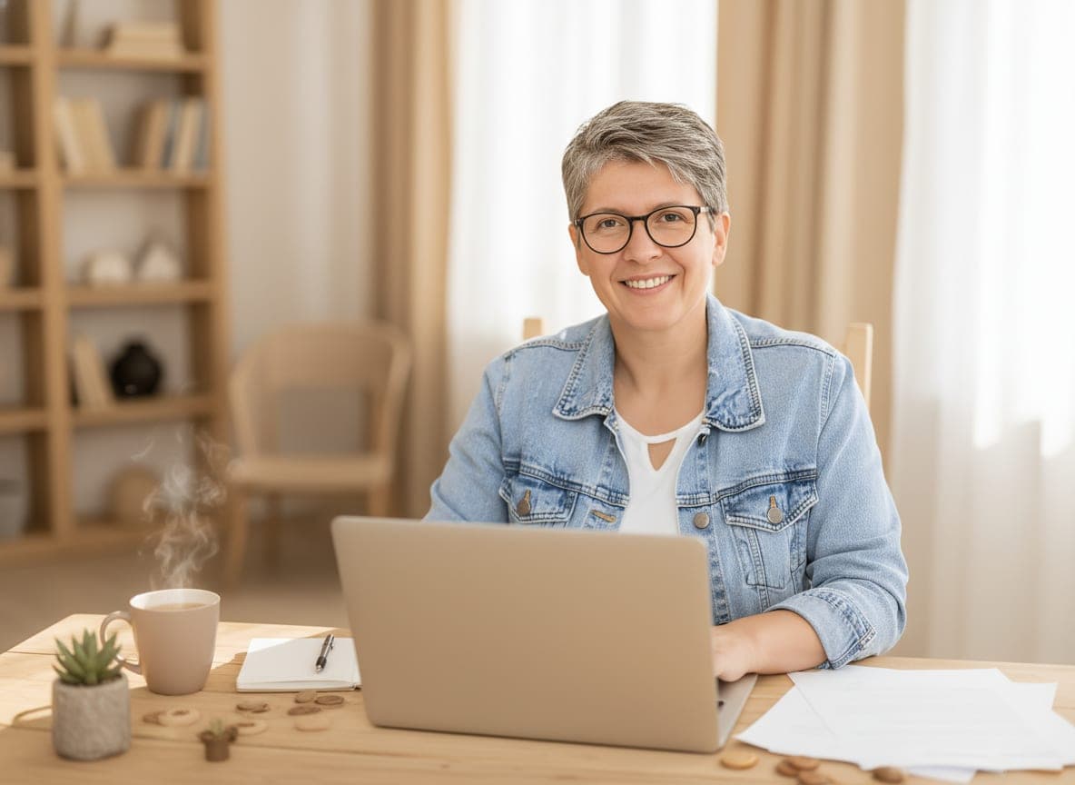 Marcela Kramářová u laptopu, džínová bunda, klidný úsměv — fotografka a AI lektorka, autorka této recenze