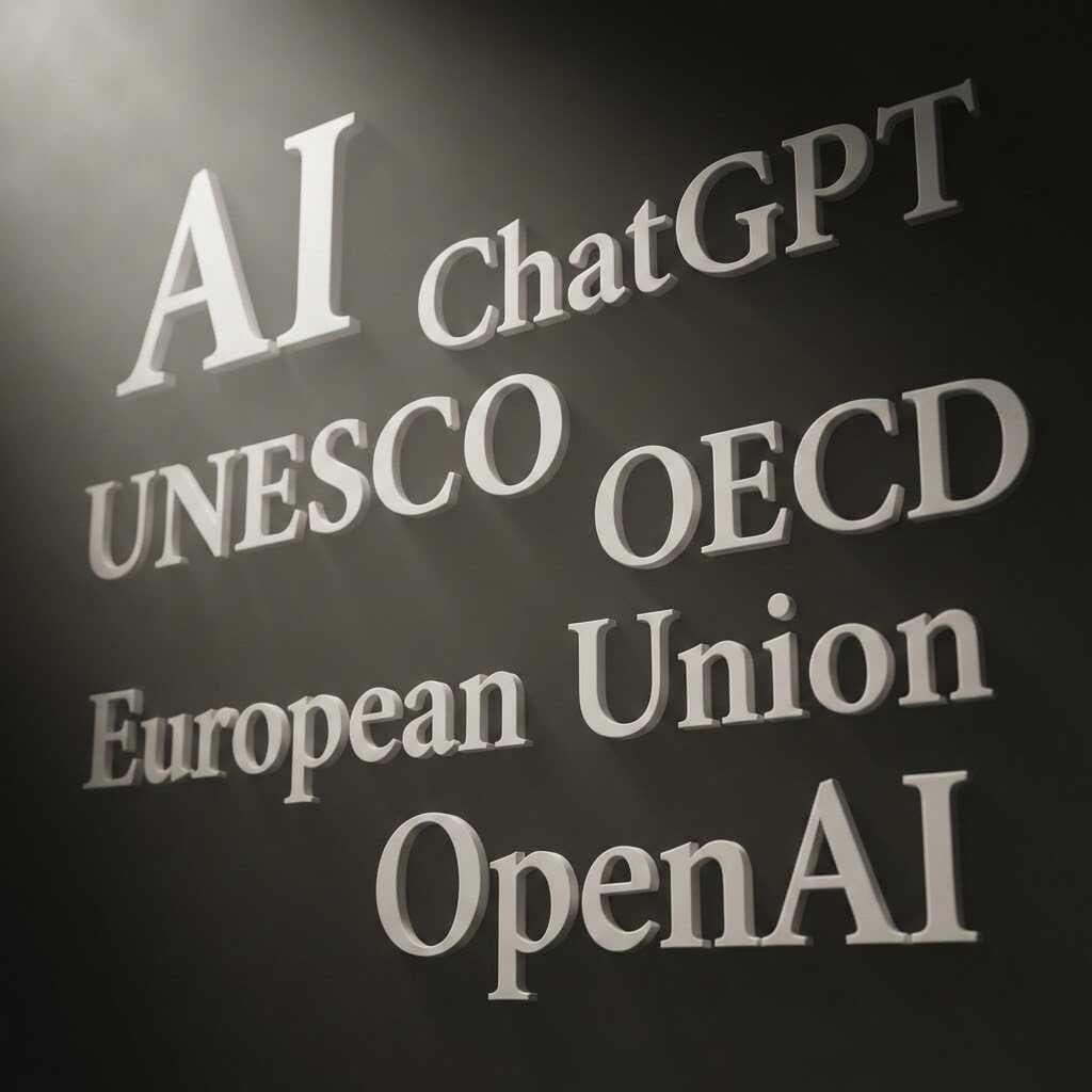 Nápisy AI, ChatGPT, UNESCO, OECD, European Union a OpenAI na zdi — AI je dnes globální téma, které řeší i mezinárodní organizace, ne jen technologické firmy