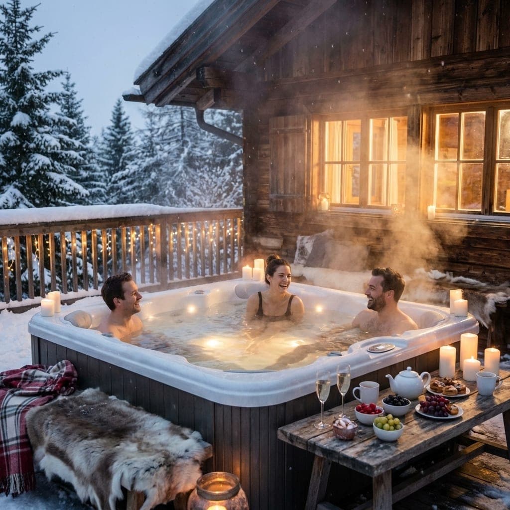 AI fotografie zimního ubytování s venkovní vyhřívanou vanou — pár si užívá relaxaci ve sněhu. Marketingový vizuál pro luxusní pronájem.