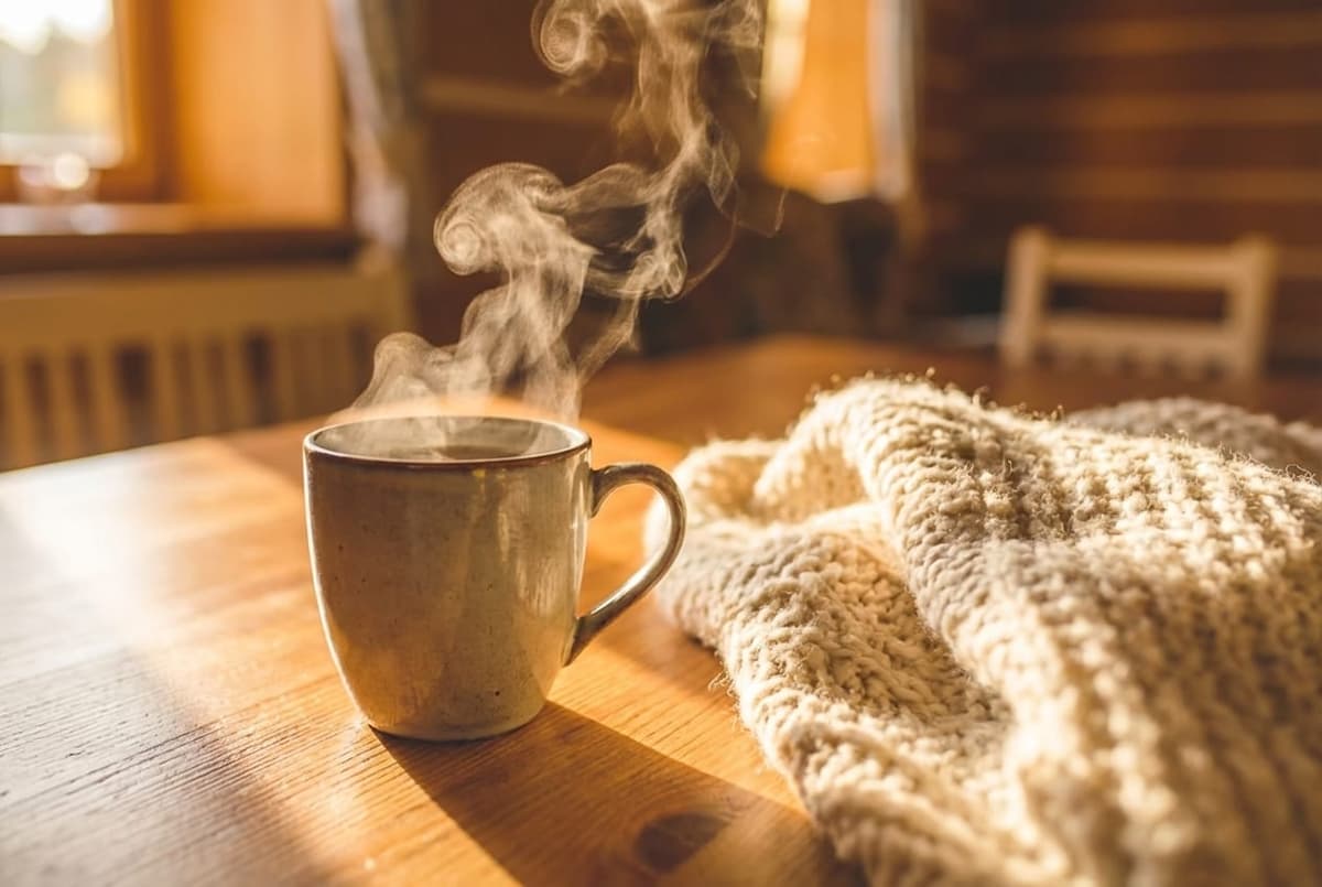 Detailní AI fotografie šálku kávy a pleteného svetru v dřevěné chatě — atmosférický záběr pro chillový obsah ubytování na sociálních sítích.