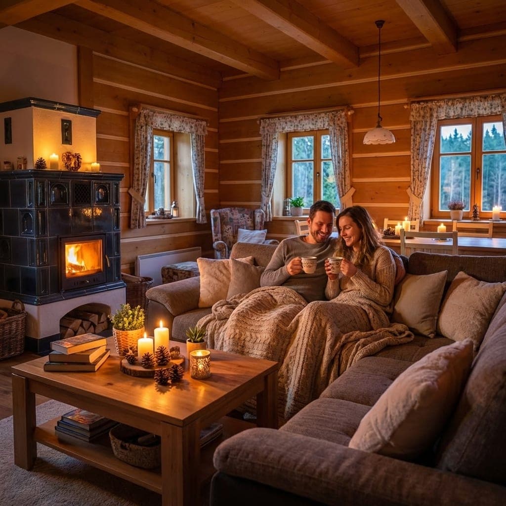 AI hero fotka pro Airbnb listing — pár v útulném obývacím pokoji s krbem, svíčky, deky. Atmosférický záběr pro hlavní fotku ubytování.