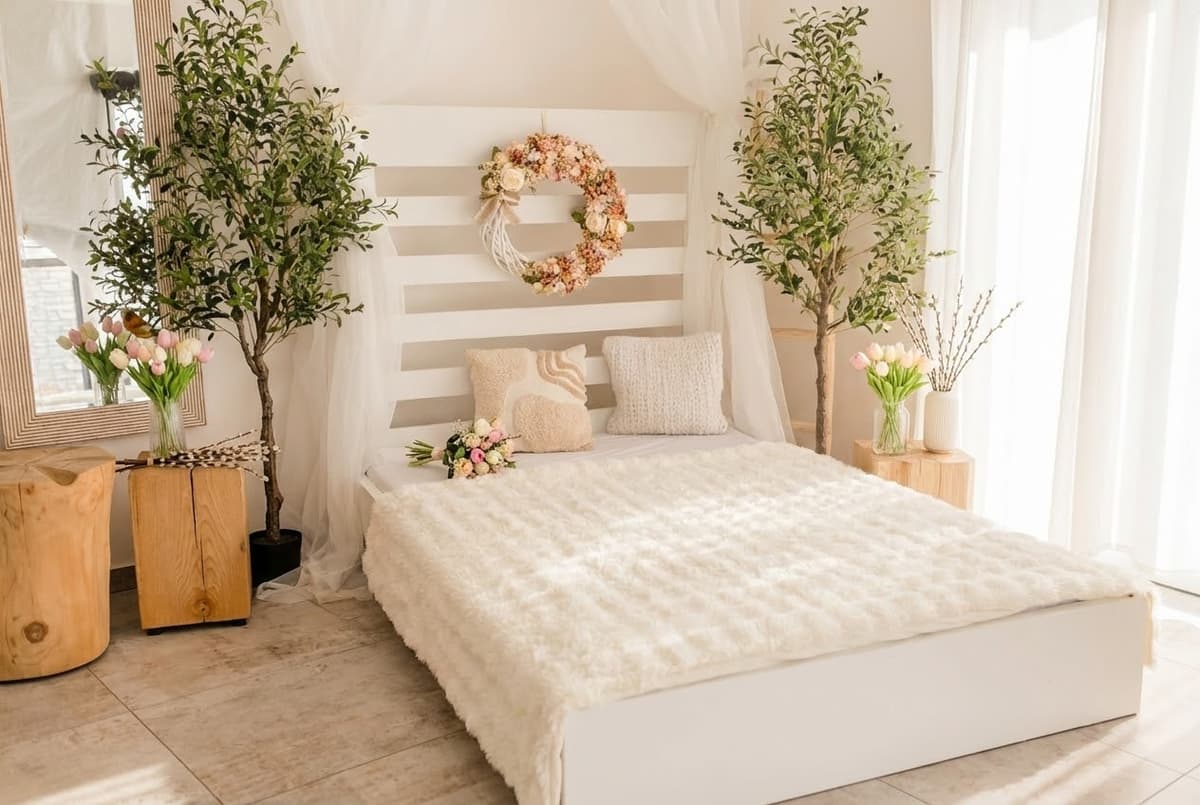 Interiér mého ateliéru — boudoir koutek s rostlinami a tulipány