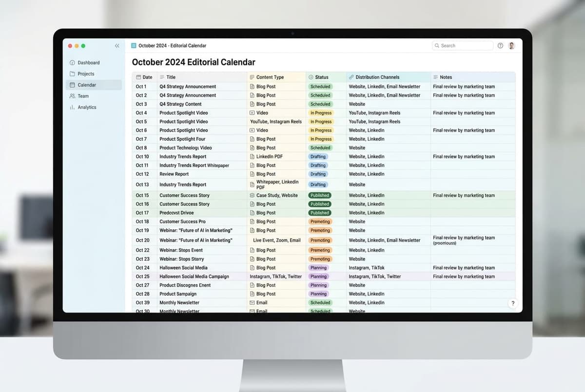 Velký monitor s tabulkou redakčního plánu na 30 dní — sloupce Date, Title, Content Type, Status, Distribution Channels, Notes — ukázka systému, jak organizovat měsíční obsah