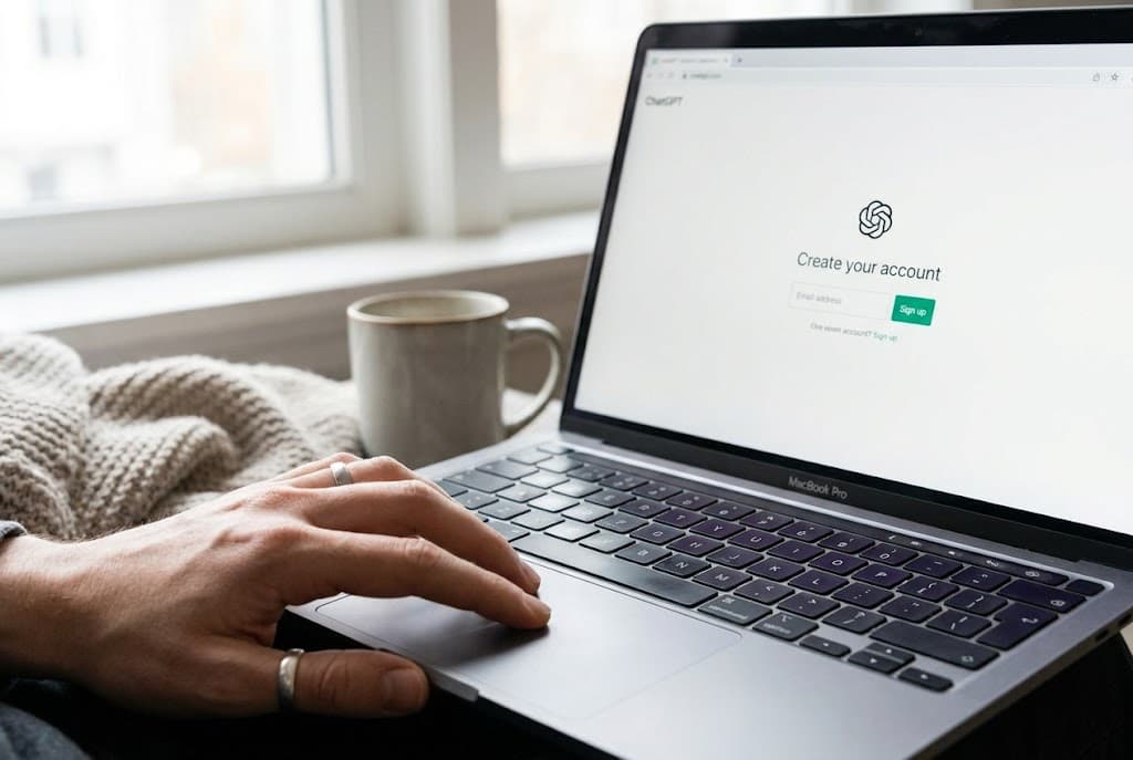Ruka na klávesnici MacBooku, na obrazovce ChatGPT registrace „Create your account