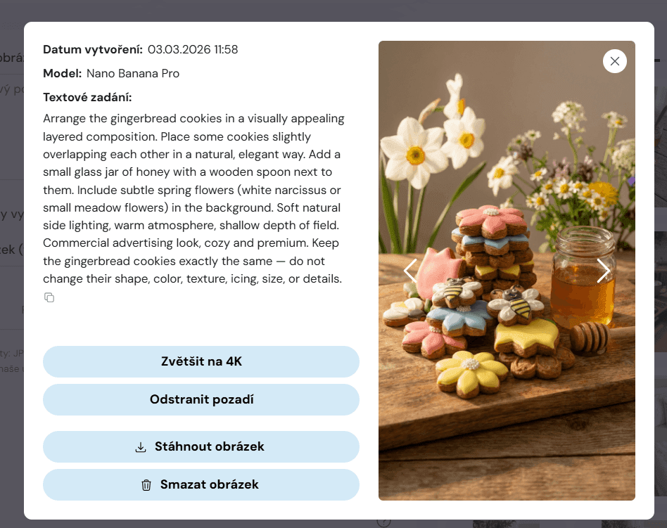 Screenshot Everbot Nano Banana Pro — perníčky uspořádané do vizuálně atraktivní vrstvené kompozice s tulipány a narcisy v jarní kuchyňské scéně, ukázka konkrétního AI promptu pro produktovou fotografii