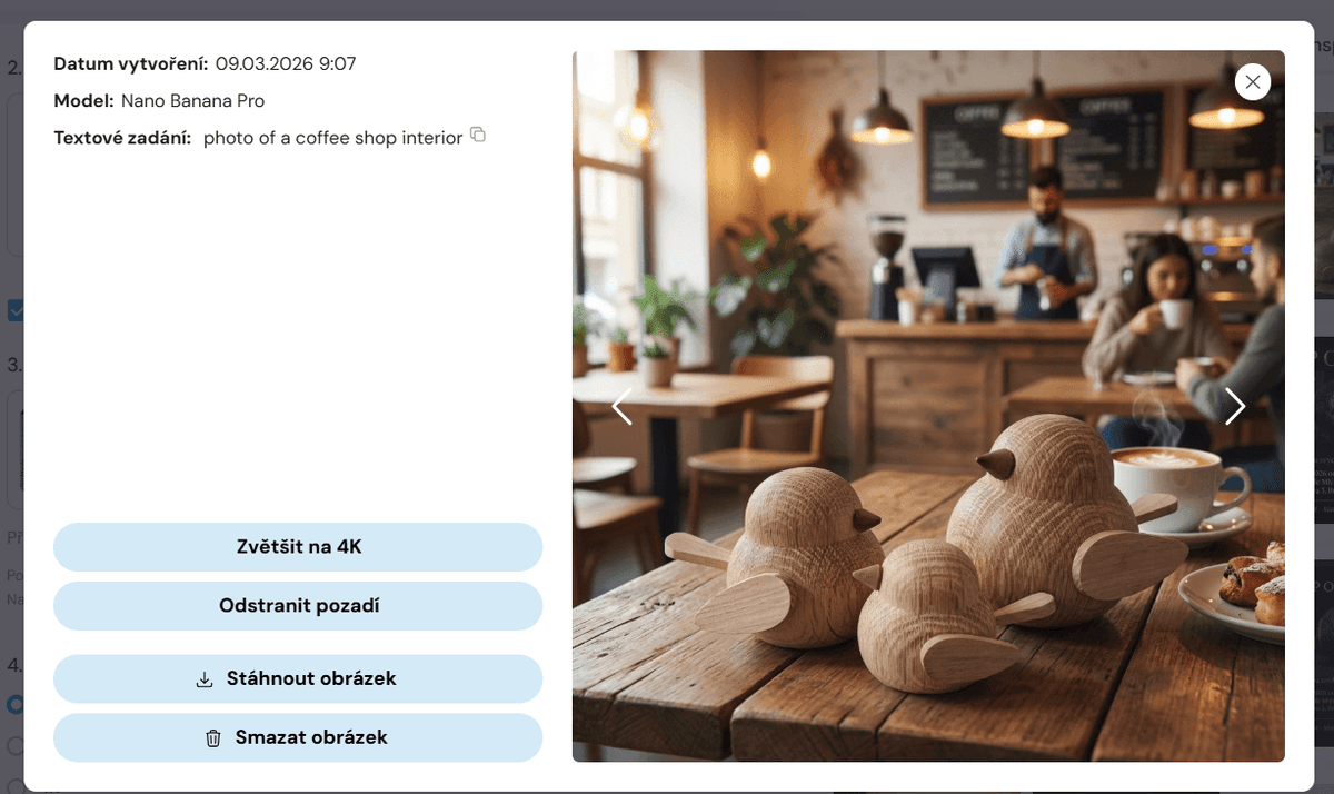 Screenshot Everbot Nano Banana Pro — dřevěné slepičky umístěné v kavárenském interiéru, prompt photo of a coffee shop interior, ukázka AI lifestyle scény pro produktovou fotografii Holzmood