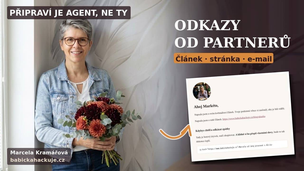 Marcela Kramářová v modré džínové bundě s kyticí jiřin ve svém studiu, nápis Odkazy od partnerů, Článek · stránka · e-mail a ukázka osobní stránky pro partnerku s hotovým odkazem ke zkopírování.