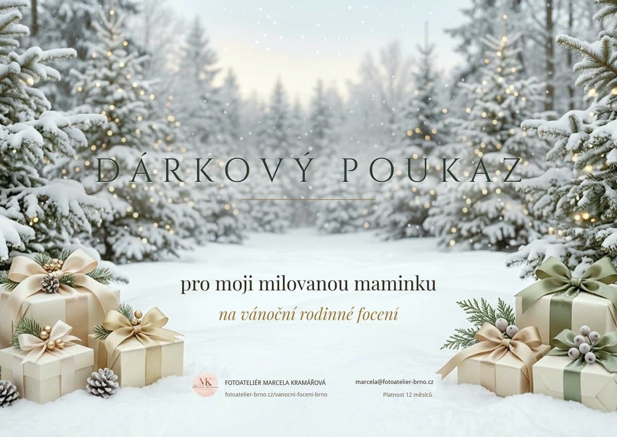 Dárkový poukaz na zasněžené fotce s dárky, s věnováním pro maminku na vánoční focení.