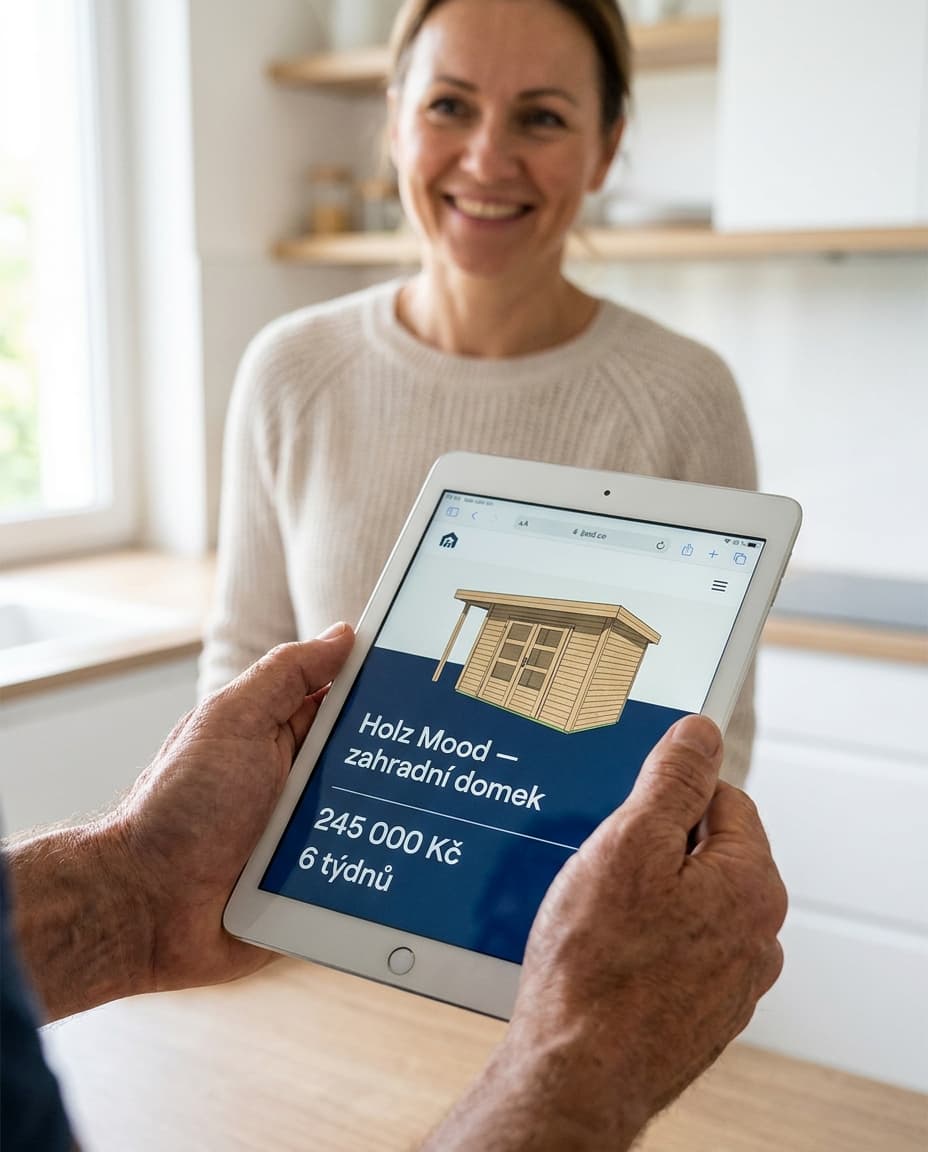 Manželský pár Novákovi 30-50 sedí v moderní bílé kuchyni a dívá se na iPad s HTML prezentací zahradního domku Holz Mood — cena 245 000 Kč, termín 6 týdnů — moment, kdy klient drží návrh