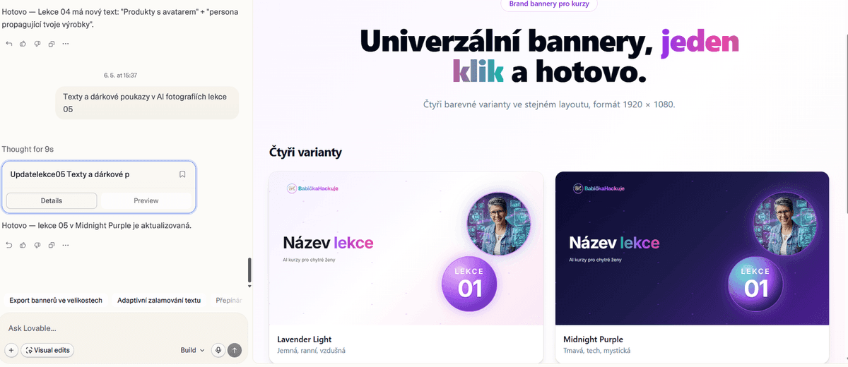 Lovable pracovní prostředí — chat vlevo, výsledek a varianty designu vpravo