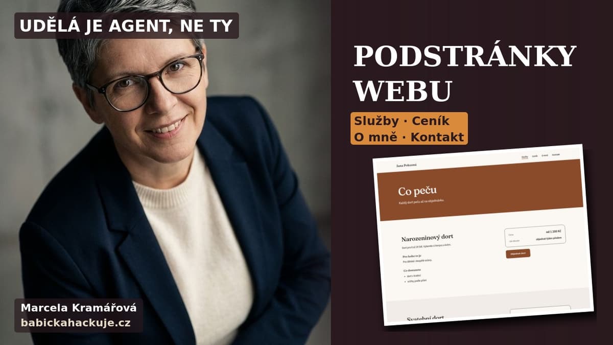 Marcela Kramářová v tmavomodrém saku, nápis Podstránky webu, Služby · Ceník · O mně · Kontakt a ukázka hotové stránky služeb.