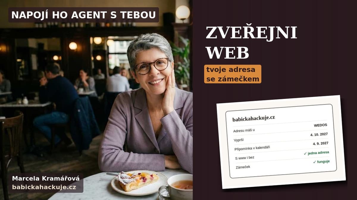 Marcela Kramářová v kavárně, nápis Zveřejni web, tvoje adresa se zámečkem a ukázka měření domény: registrátor, vypršení, připomínka v kalendáři, adresa s www i bez a zámeček.