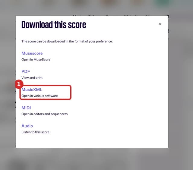 Nabídka formátů ke stažení, zvýrazněný MusicXML.