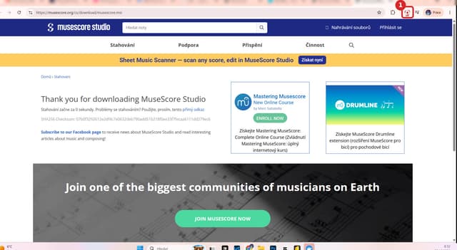 Stránka stažení programu MuseScore Studio, vpravo nahoře zvýrazněná ikona stahování.