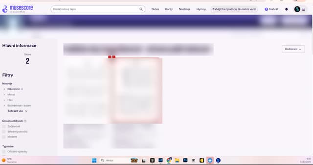 Výsledky hledání na musescore.com se dvěma úpravami jedné písně, jedna je zvýrazněná.