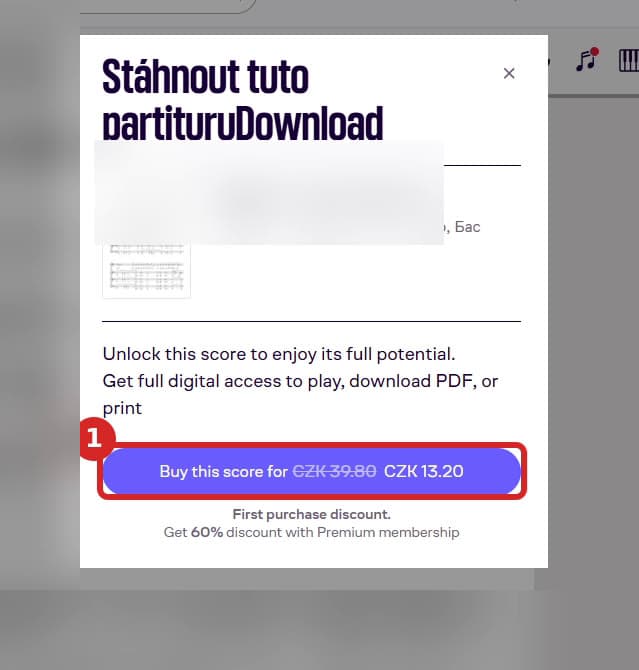 Okno Stáhnout partituru s tlačítkem Buy this score za 13,20 Kč místo 39,80 Kč.