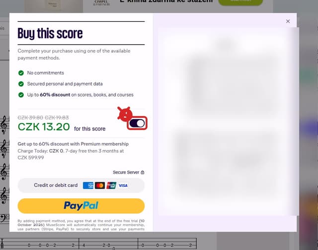 Okno platby, u ceny zapnutý přepínač Premium a pod ním text o 7 dnech zdarma a pak 599,99 Kč.