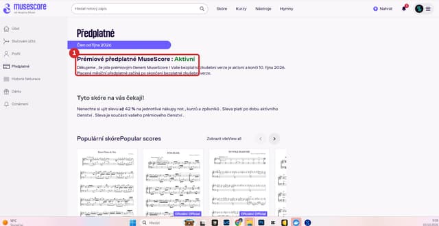 Stránka Předplatné na musescore.com se stavem Aktivní.