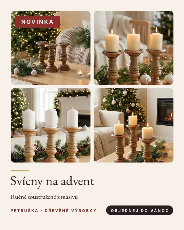 Plakát: dřevěný svícen na stole u pohovky, cedulka Zahájen prodej, nadpis Svícny na advent.