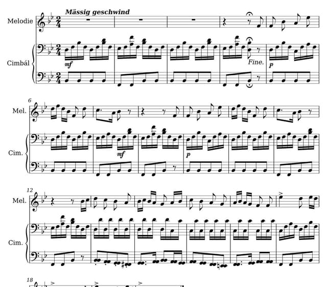 Noty pro cimbál ve dvou osnovách s melodií nad nimi, vyrobené skillem ze Schubertovy písně pro zpěv a klavír.