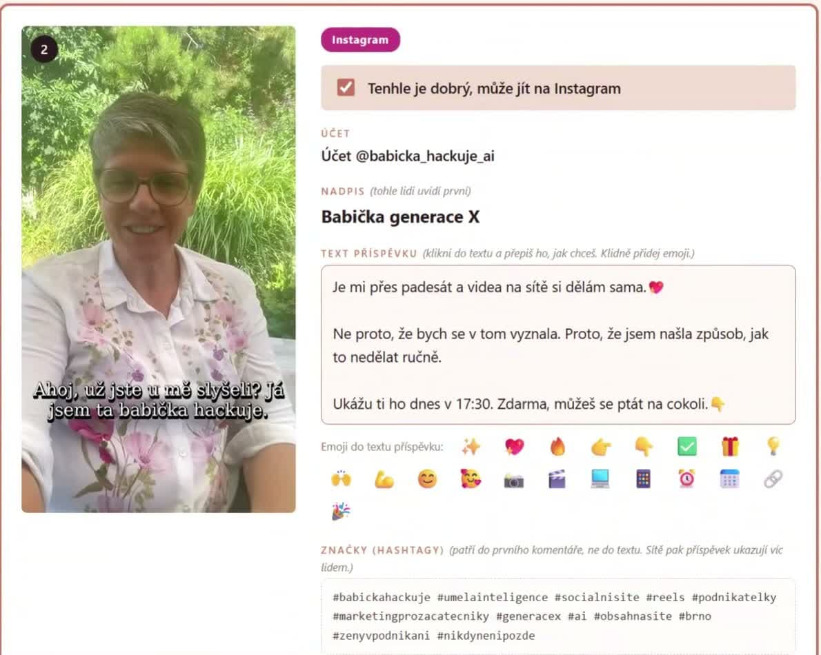 Přehled ve studiu: vlevo video s titulky, vpravo hotový text příspěvku na Instagram, emotikony a značky, a zaškrtávátko tenhle je dobrý, může jít na Instagram.
