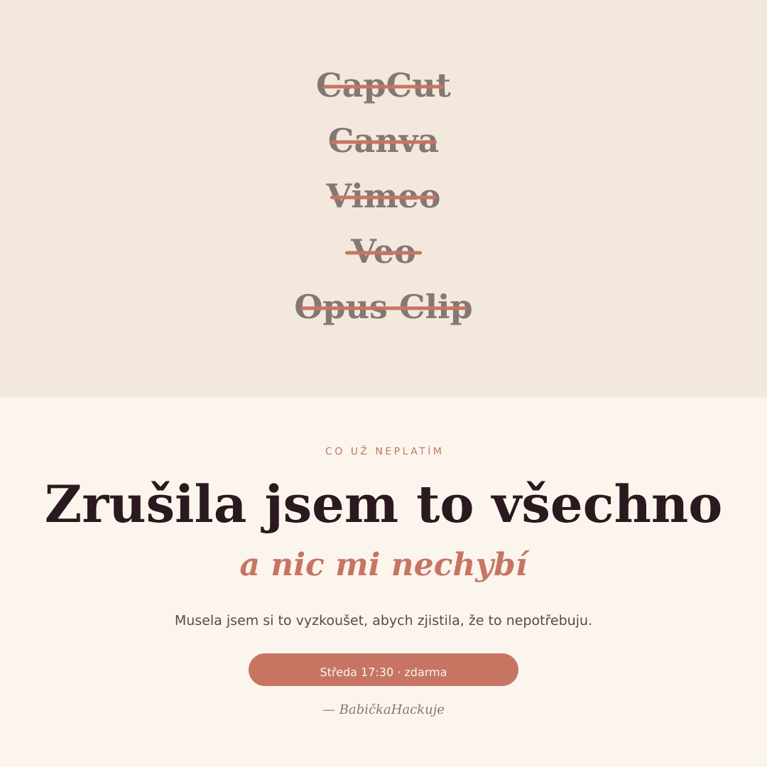 Plakát se seznamem zrušených předplatných CapCut, Canva, Vimeo, Veo a Opus Clip, všechna přeškrtnutá.
