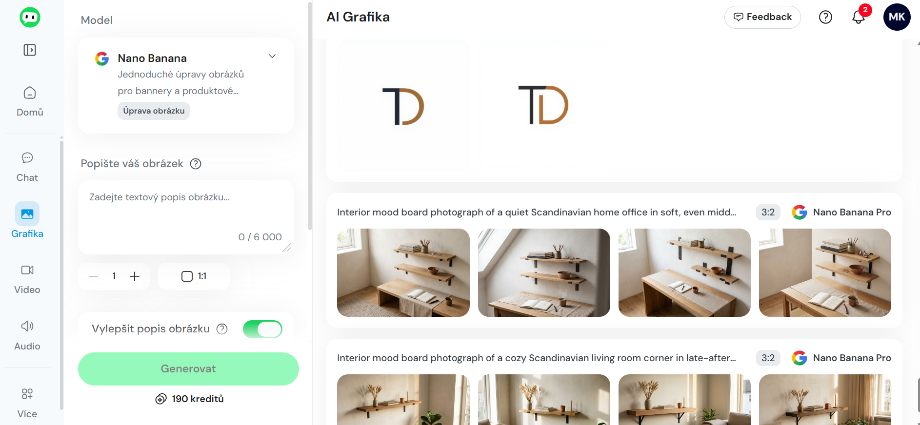 Reálný screenshot AI Grafika v Everbotu, model Nano Banana Pro — Marcela Kramářová generuje logo TD pro značku Tomarc design (kov a dřevo). Vlevo prompt panel s českým popisem, vpravo galerie generovaných interior mood photographs pro Tomarc. Cena 190 kreditů. Květen 2026, BabičkaHackuje case study Klára a Tom.