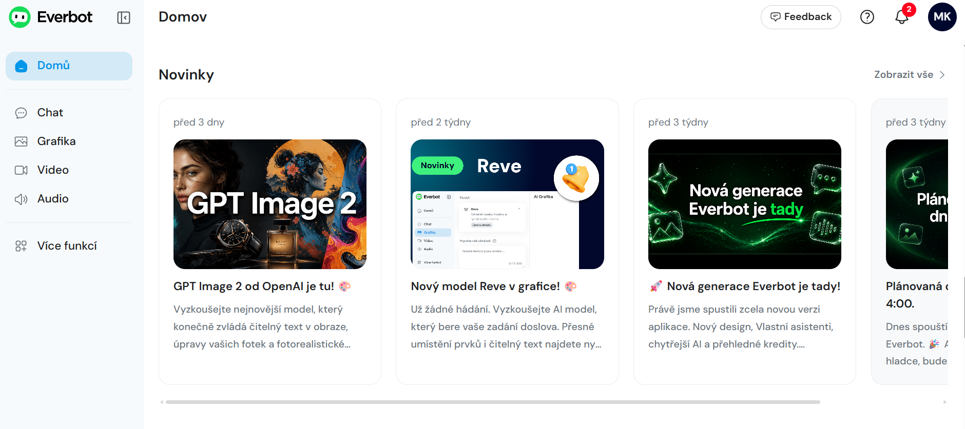 Reálný screenshot Novinky panelu v Everbotu — karty s nejnovějšími AI modely: GPT Image 2 od OpenAI, nový model Reve v grafice, nová generace Everbot, plánovaná údržba. Marcela Kramářová sleduje aktualizace AI nástrojů 2026, BabičkaHackuje.