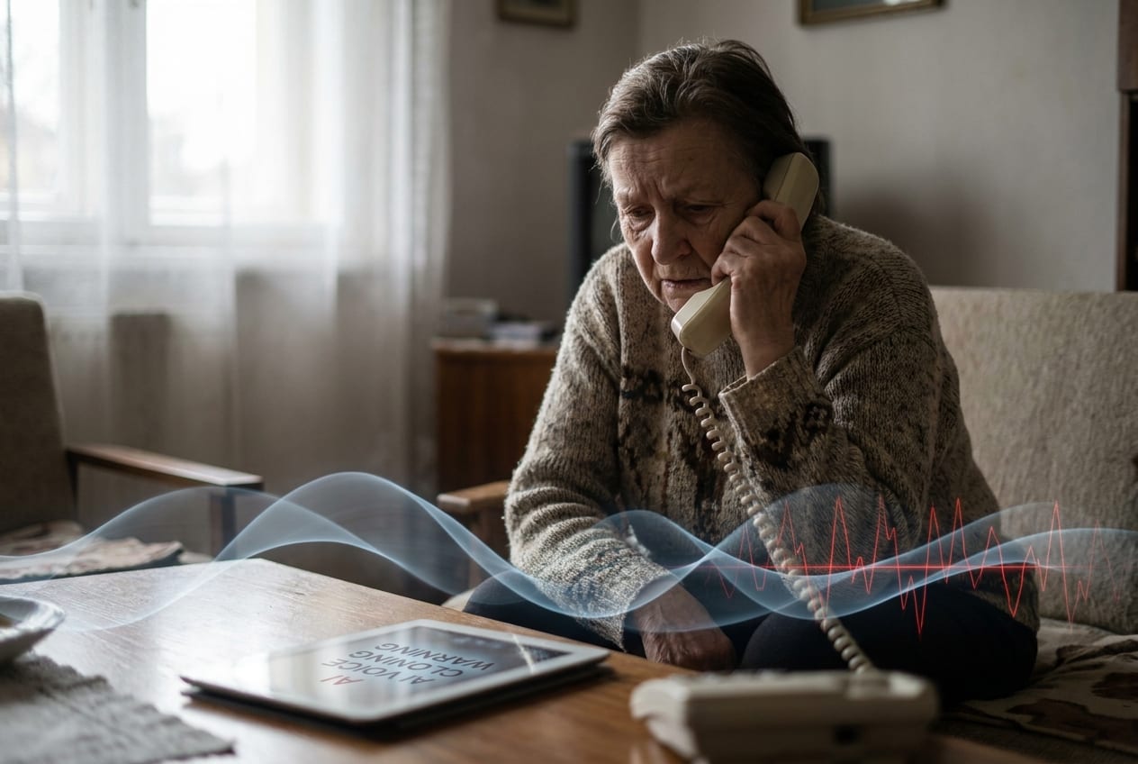 Babička drží sluchátko telefonu — AI klonování hlasu vnučky útočníkem, ilustrace 2026