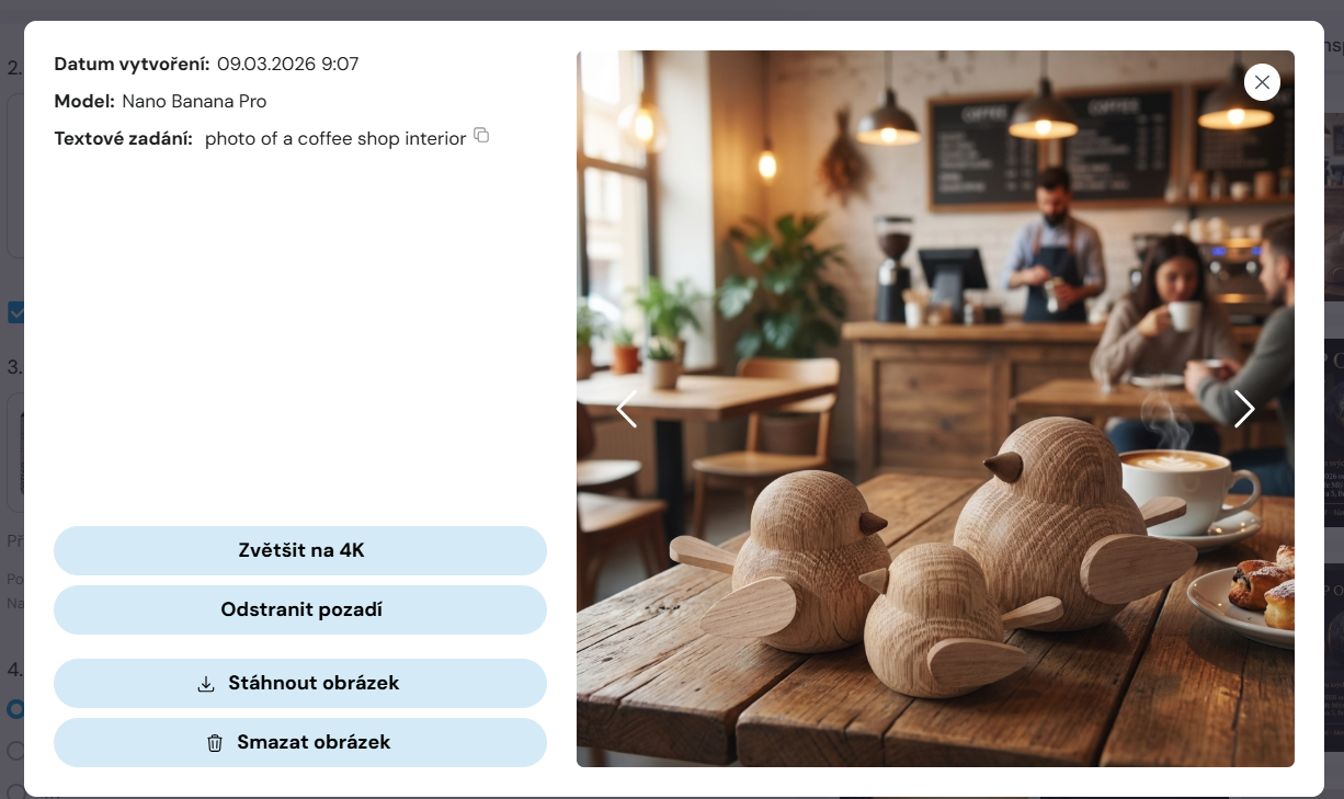 Screenshot Everbot rozhraní s Nano Banana Pro modelem — vygenerovaná AI fotka dřevěných slepiček v kavárně, prompt photo of a coffee shop interior, ukázka AI workflow pro B2B fotografku Marcelu Kramářovou