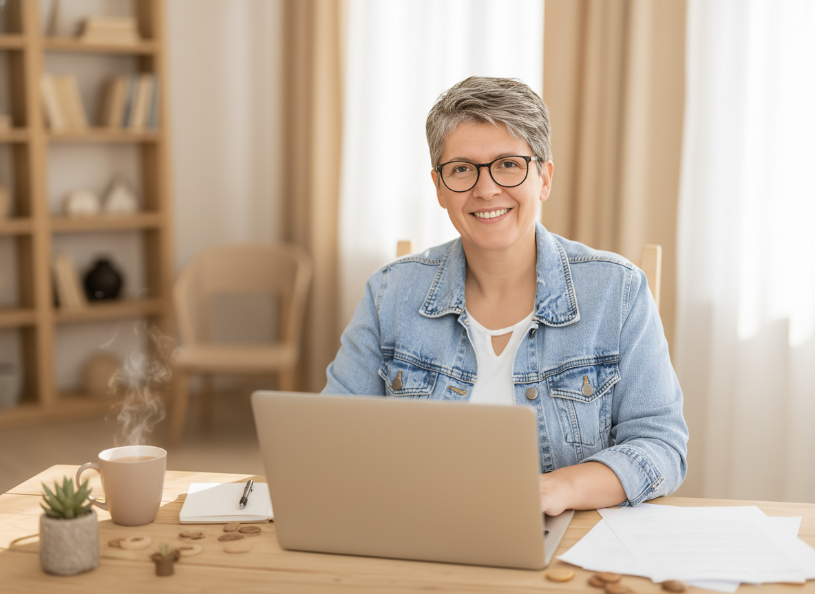 Marcela Kramářová u laptopu, džínová bunda, klidný úsměv — fotografka a AI lektorka, autorka této recenze
