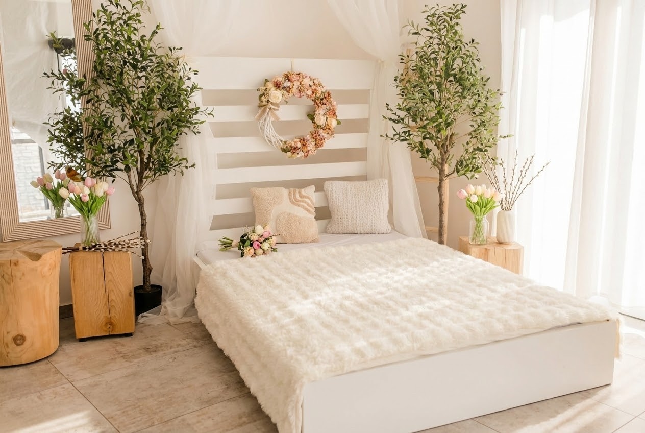 Interiér mého ateliéru — boudoir koutek s rostlinami a tulipány