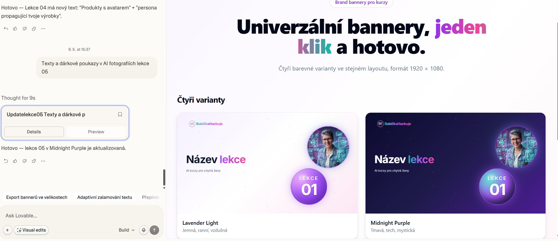 Lovable pracovní prostředí — chat vlevo, výsledek a varianty designu vpravo