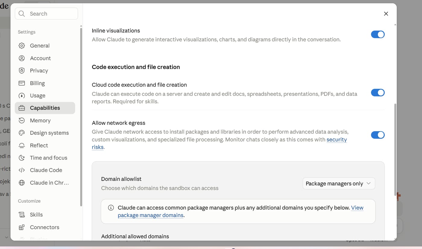 Nastavení Capabilities, Cloud code execution a Domain allowlist