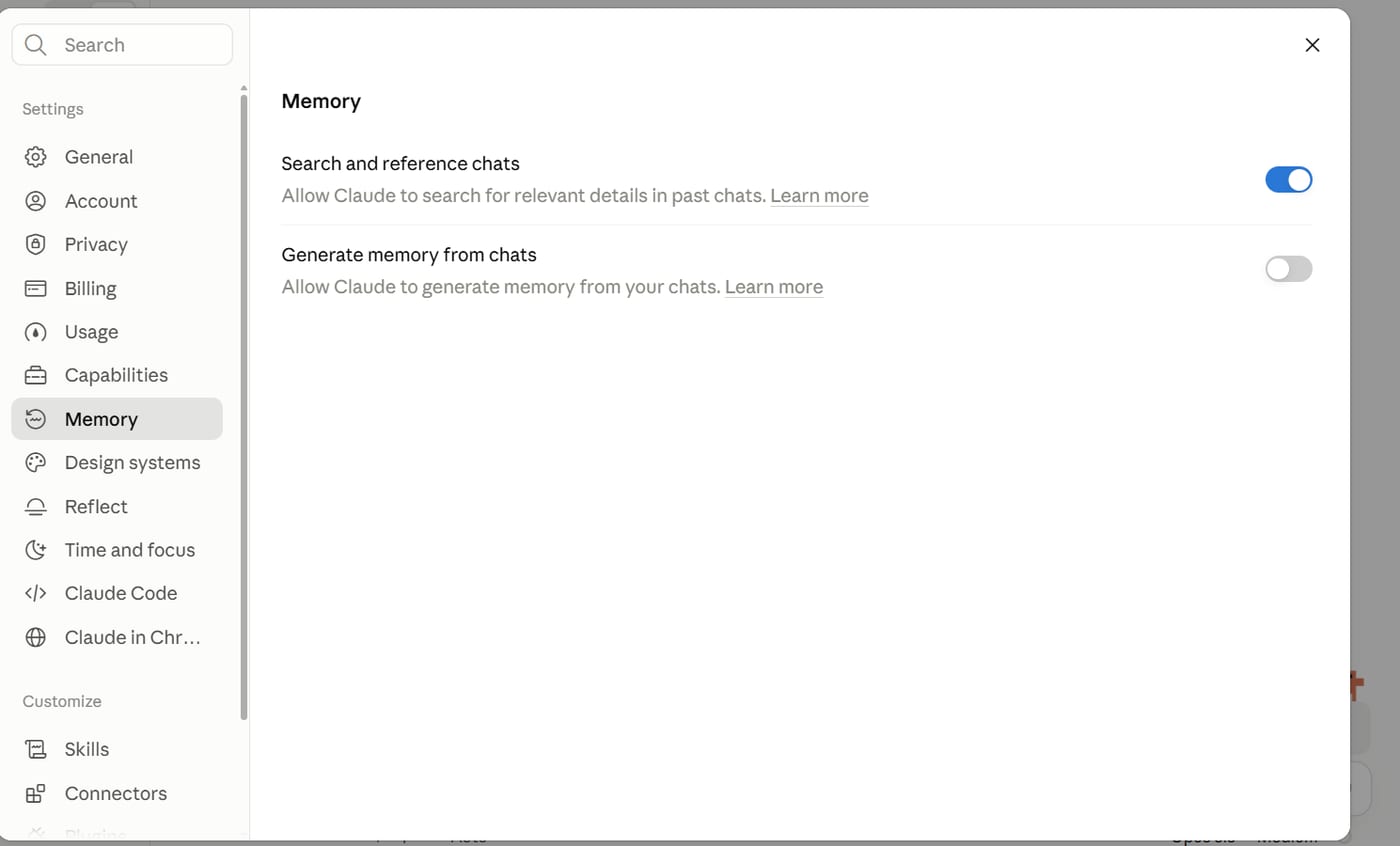 Nastavení Memory s přepínači Search and reference chats a Generate memory