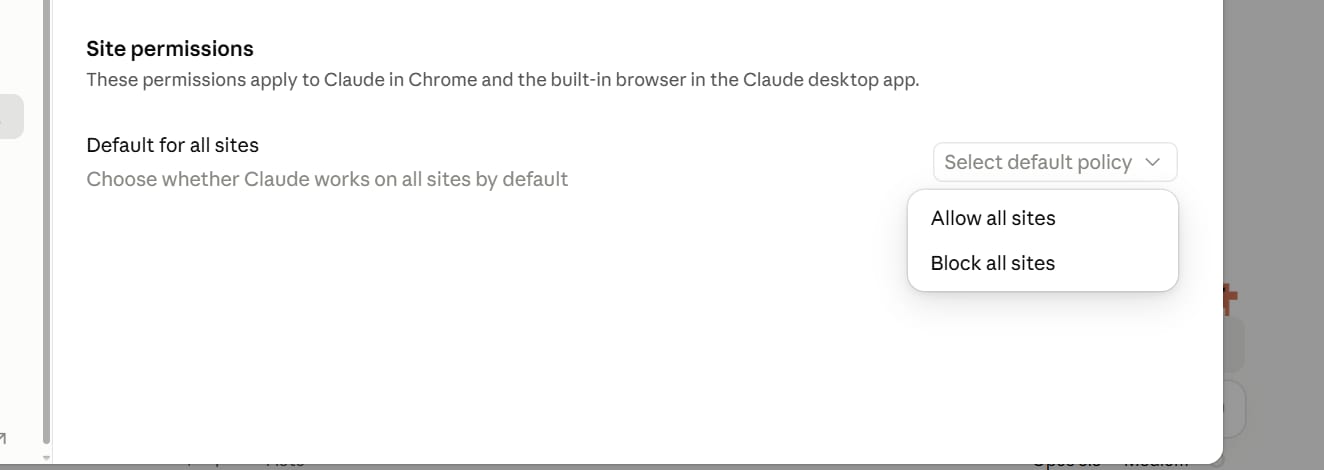 Nabídka Default for all sites s možností Allow all sites