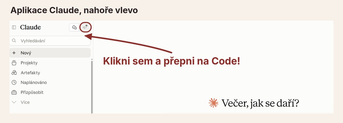 Aplikace Claude, nahoře vlevo ikonky Chat a Code, kroužek na ikonce Code