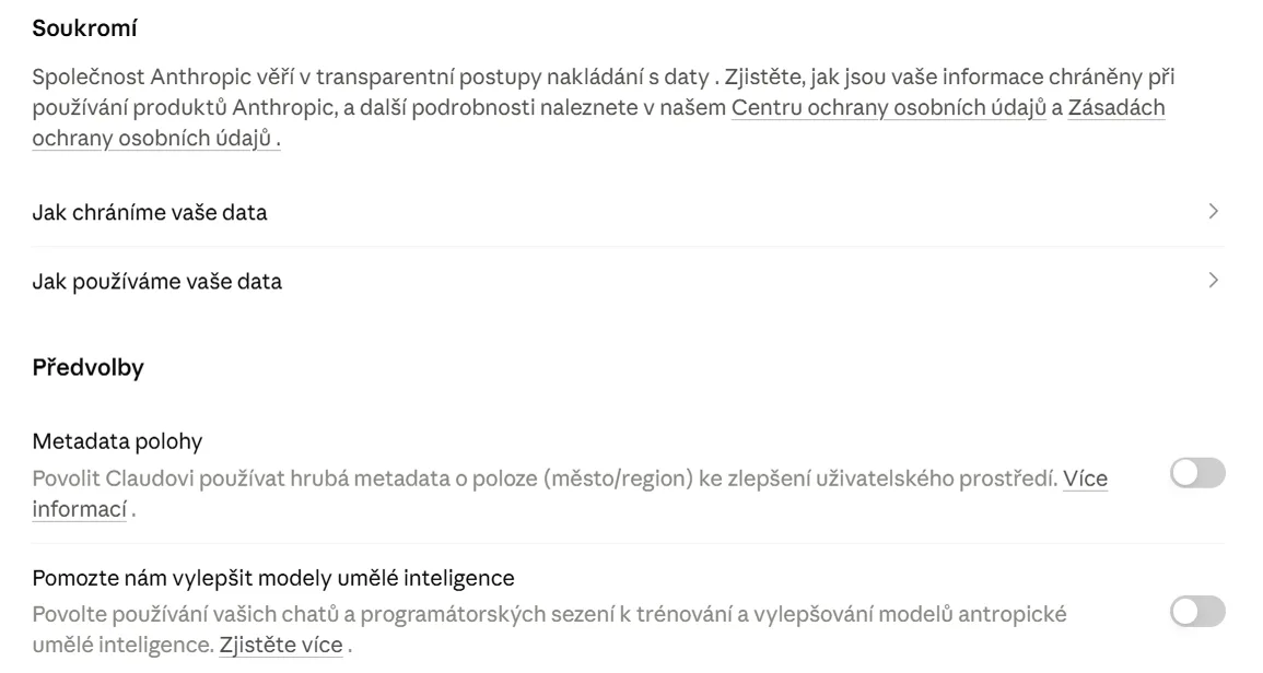 Nastavení soukromí v Claudovi, oba přepínače vypnuté